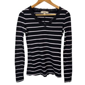 Decree Black & Beige Striped Long Sleeve Top V Neck with Lace Trim Size M Y2K‎